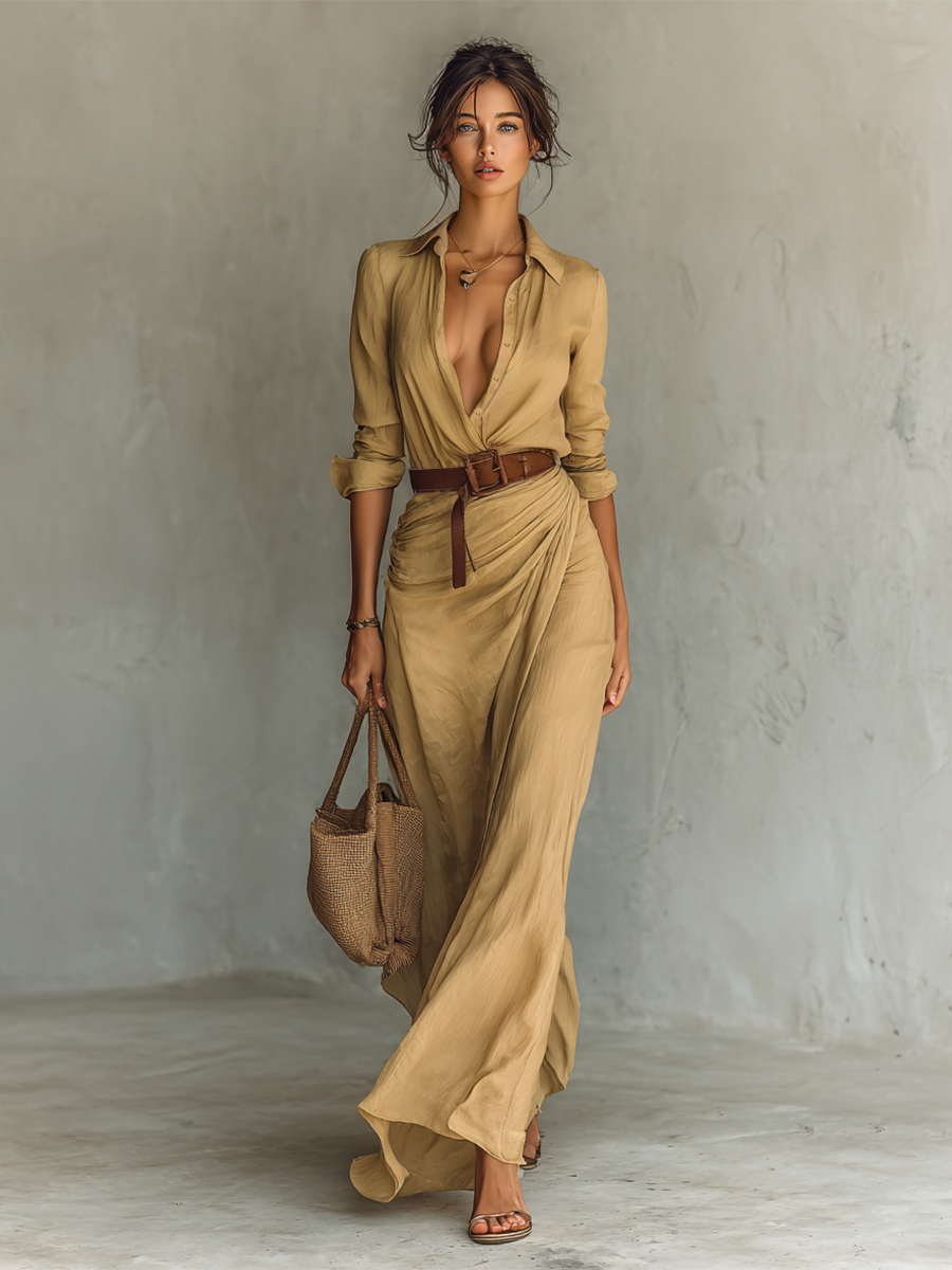 Maxi Long Dress with Revere Collar and Belt Included
