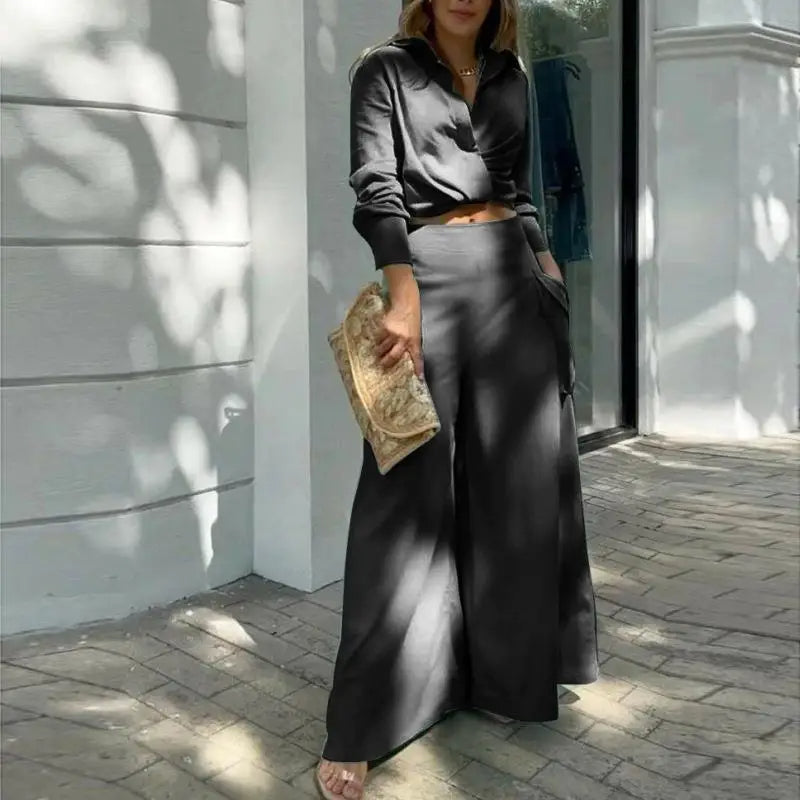 Chic Summer Ensemble: Knotted Blouse & High-Waisted Palazzo Trousers