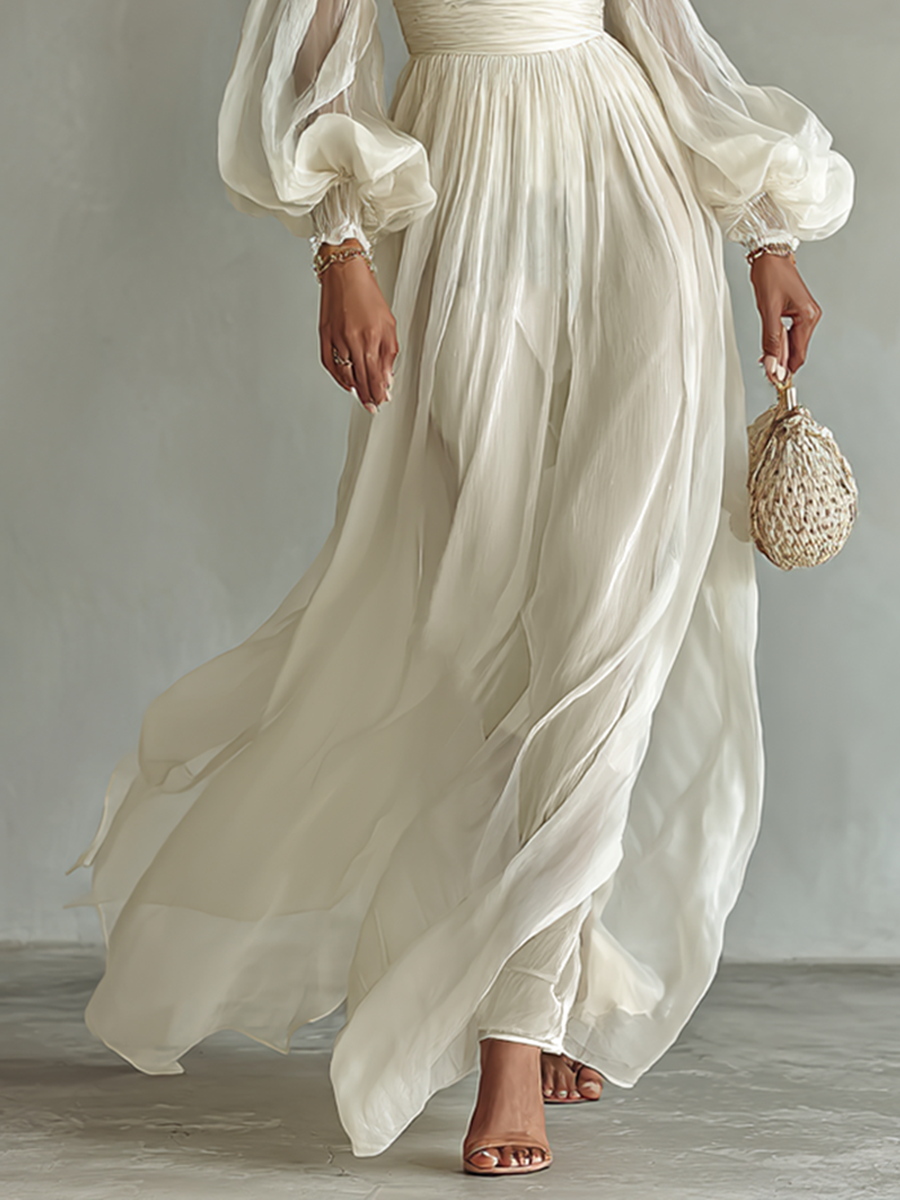 Women's Chiffon Maxi Dress with Square Neck and Long Sleeves