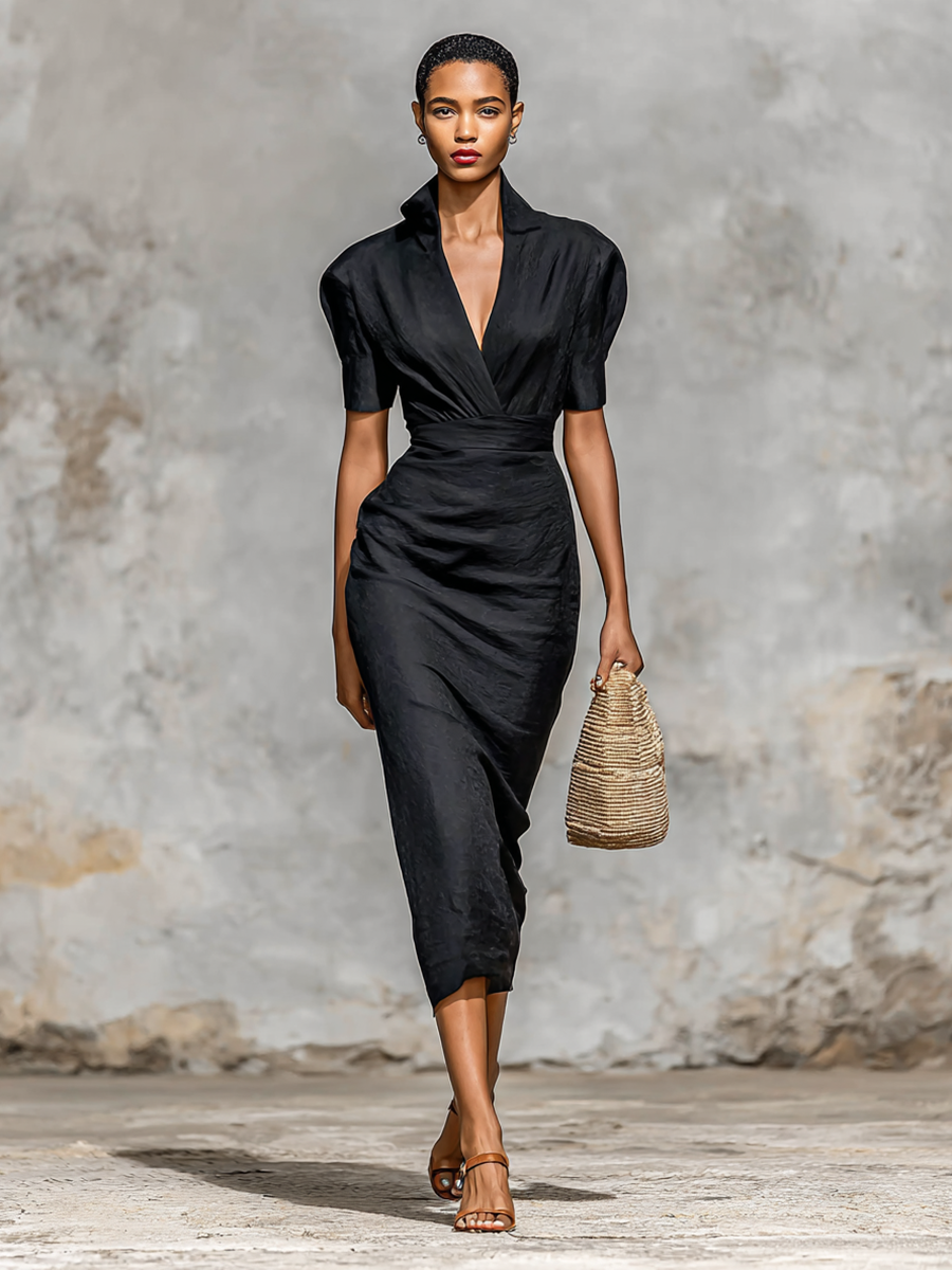 Women's V-Neck Midi Dress with Short Sleeves