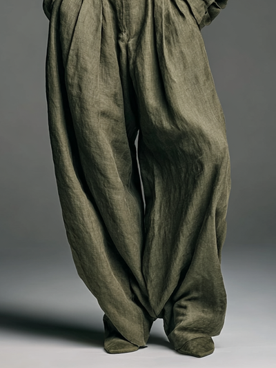 Cotton and Linen Two-Piece Set: Long Sleeve Blouse with Wide-Leg Trousers