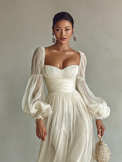 Women's Chiffon Maxi Dress with Square Neck and Long Sleeves