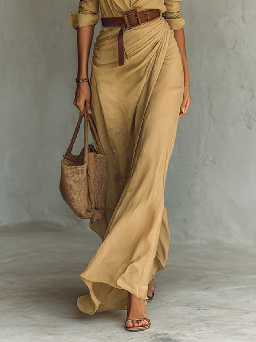 Maxi Long Dress with Revere Collar and Belt Included