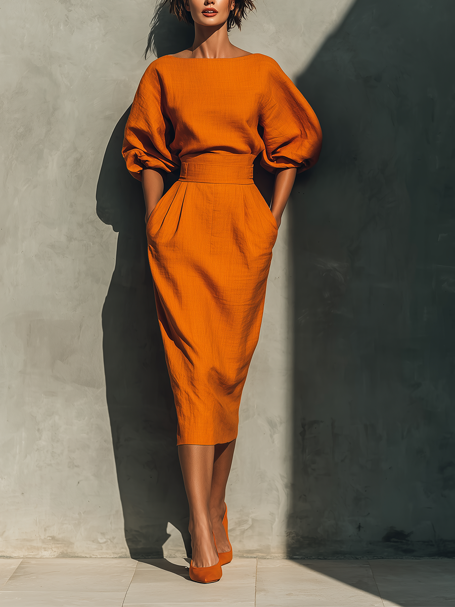 Bright Orange Midi Skirt in Cotton-Linen Blend