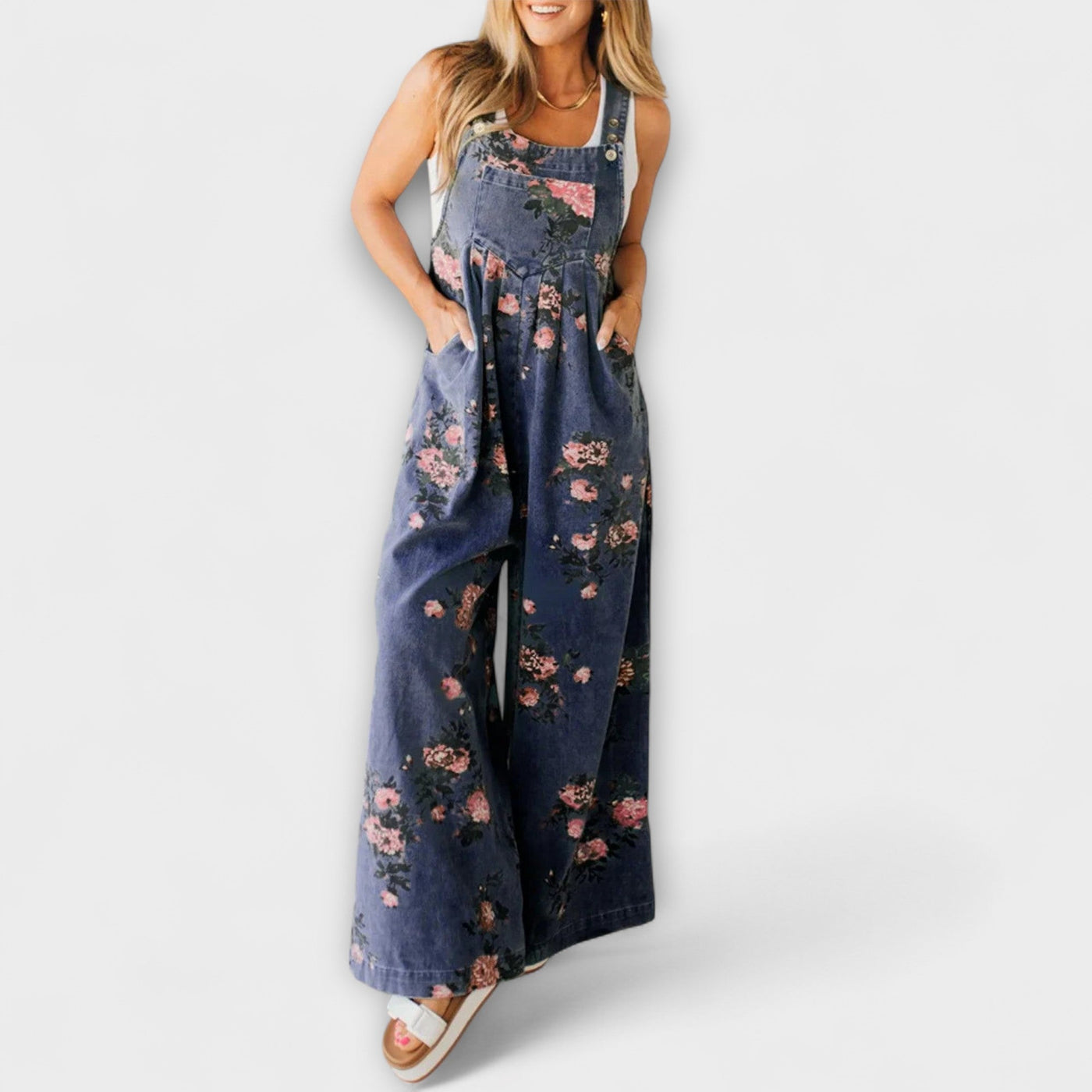 Bethany Floral-Patterned Brede Denim Overalls