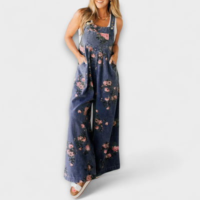 Bethany Floral-Patterned Brede Denim Overalls