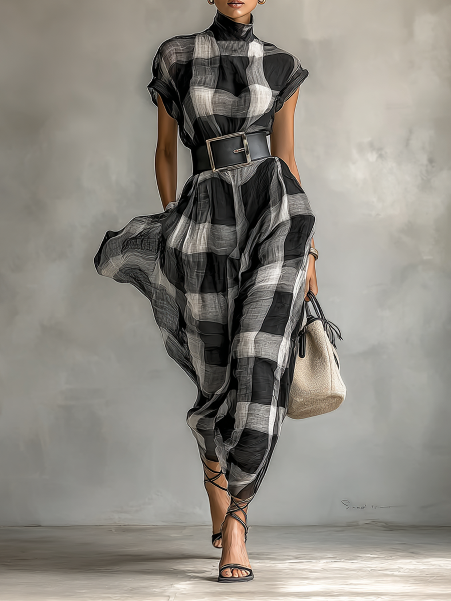 Checked Chiffon Maxi Dress with High Neck and Short Sleeves