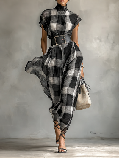 Checked Chiffon Maxi Dress with High Neck and Short Sleeves