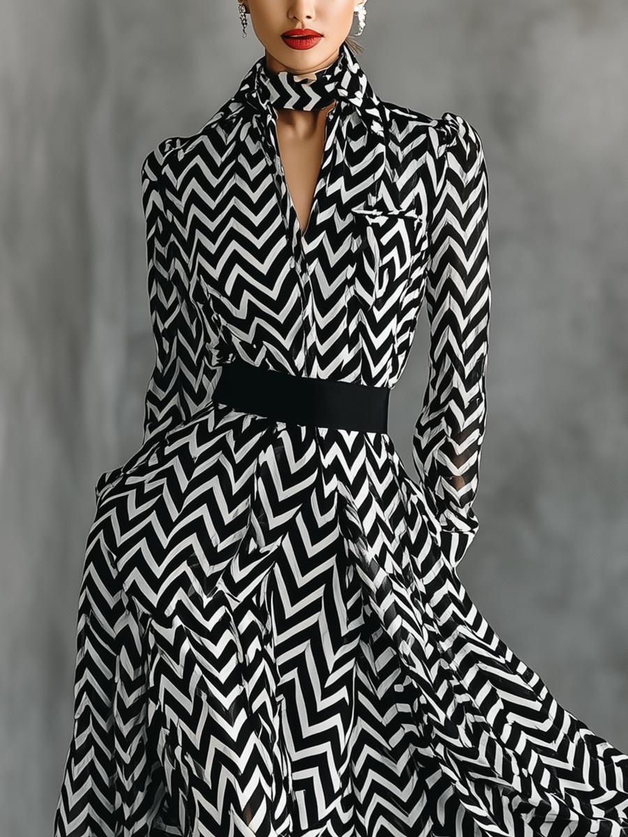 Chiffon Maxi Dress with Bold Black and White Stripes