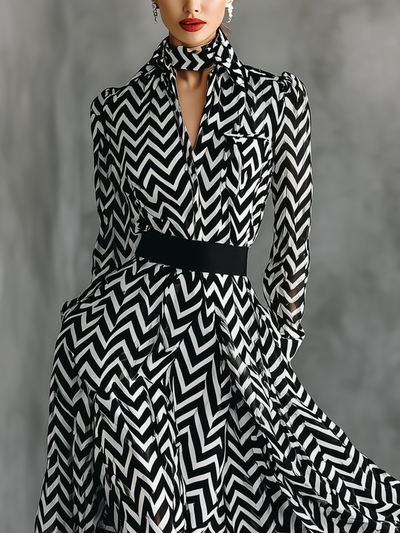 Chiffon Maxi Dress with Bold Black and White Stripes