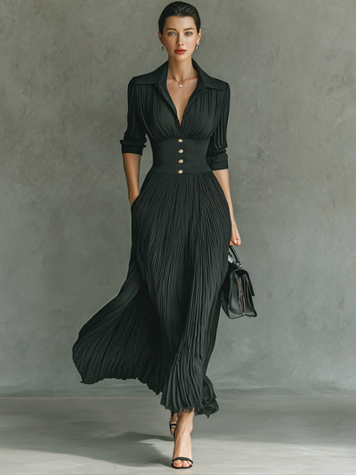 Elegant Maxi Dress with Long Sleeves, Notched Collar, and Pleated Detail