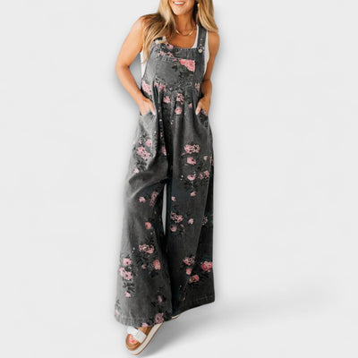 Bethany Floral-Patterned Brede Denim Overalls