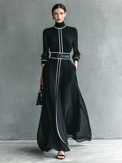 Chiffon Maxi Dress for Women with High Neck, Long Sleeves, and Elegant White Trim