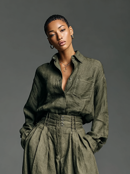Cotton and Linen Two-Piece Set: Long Sleeve Blouse with Wide-Leg Trousers
