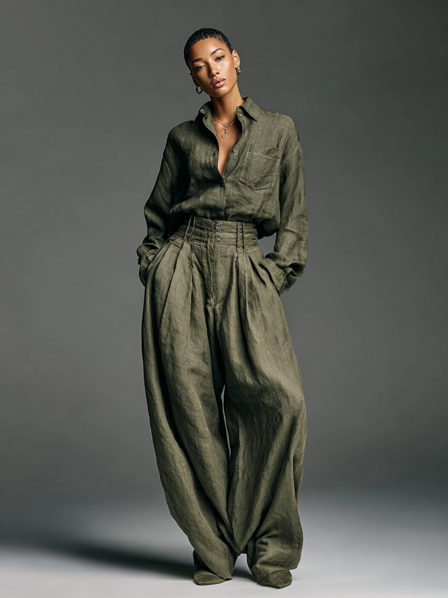 Cotton and Linen Two-Piece Set: Long Sleeve Blouse with Wide-Leg Trousers