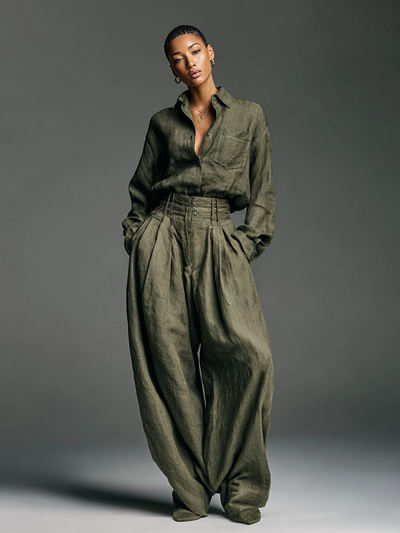 Cotton and Linen Two-Piece Set: Long Sleeve Blouse with Wide-Leg Trousers