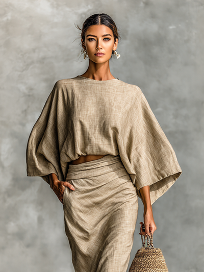 Cotton and Linen Two-Piece Set: Long Skirt with Batwing Sleeves