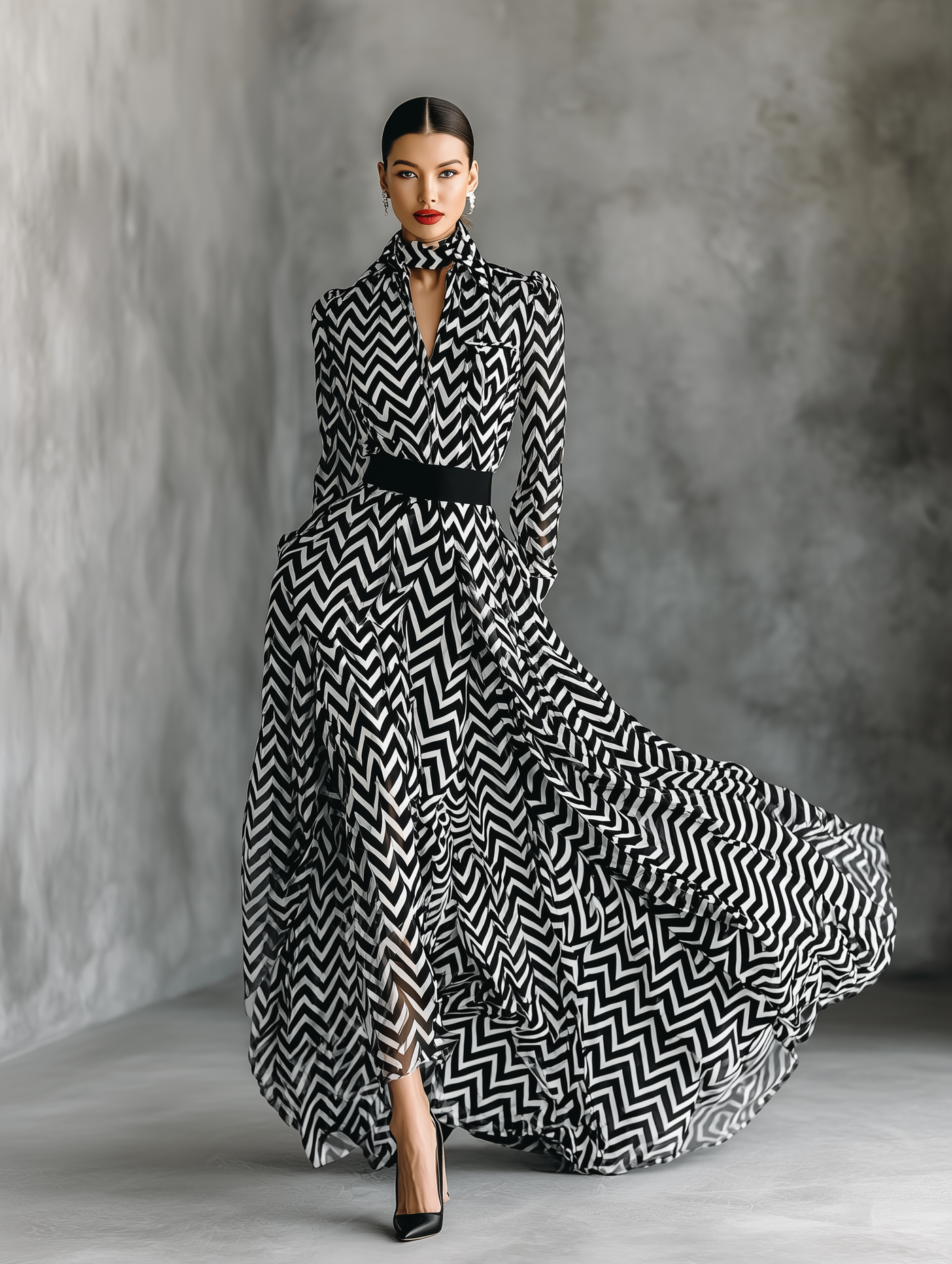 Chiffon Maxi Dress with Bold Black and White Stripes