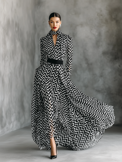 Chiffon Maxi Dress with Bold Black and White Stripes
