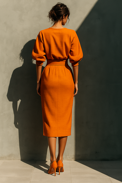 Bright Orange Midi Skirt in Cotton-Linen Blend