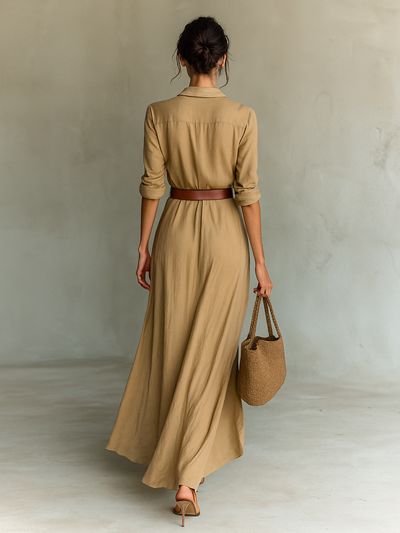 Maxi Long Dress with Revere Collar and Belt Included
