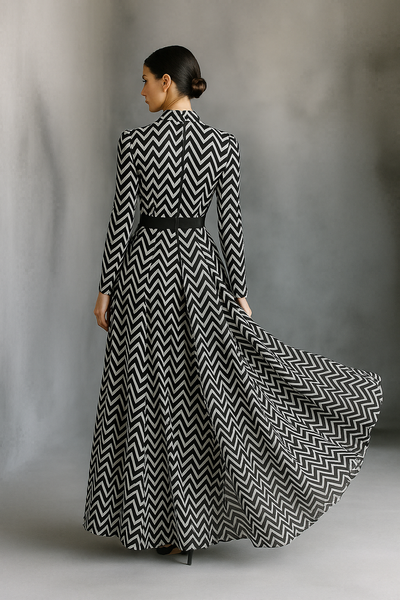 Chiffon Maxi Dress with Bold Black and White Stripes