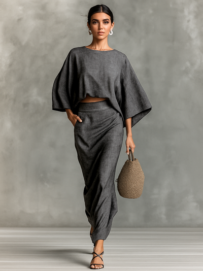 Cotton and Linen Two-Piece Set: Long Skirt with Batwing Sleeves