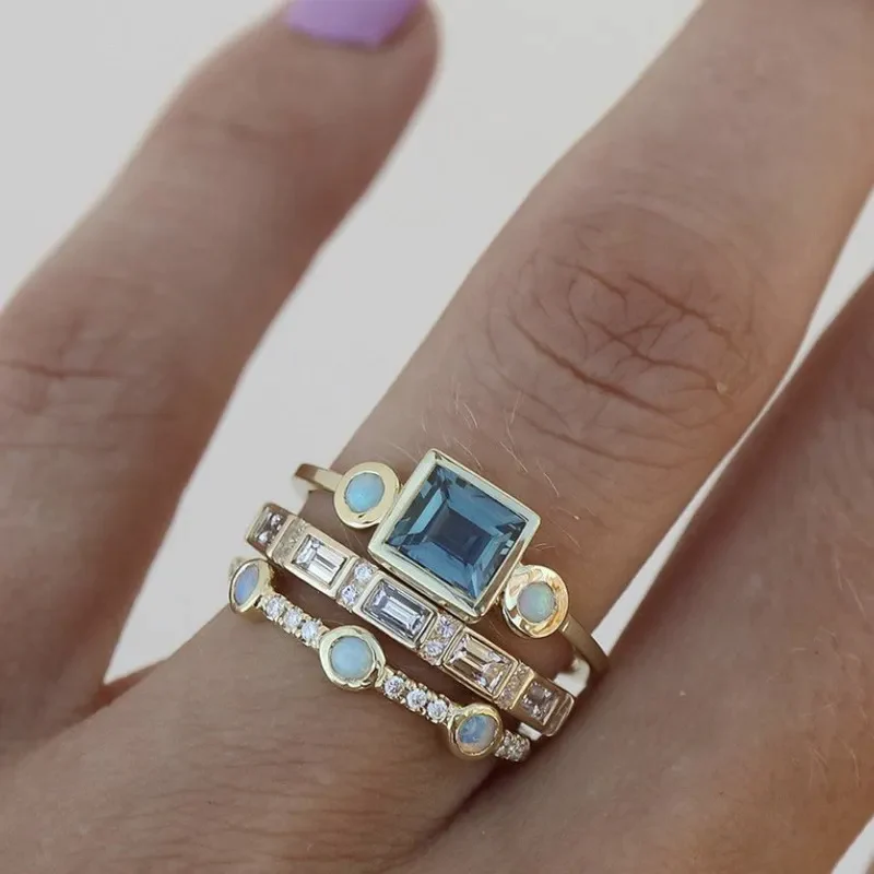 Vintage Blue Crystal Ring Set - Ocean Collection