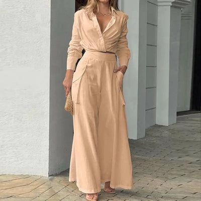 Chic Summer Ensemble: Knotted Blouse & High-Waisted Palazzo Trousers