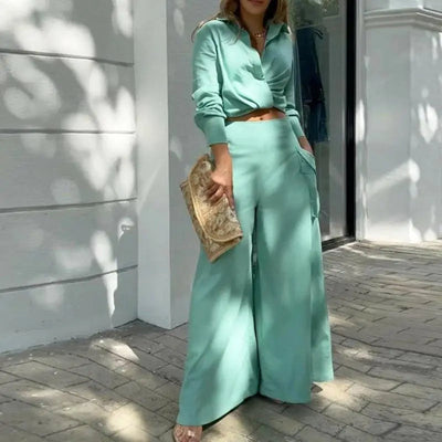 Chic Summer Ensemble: Knotted Blouse & High-Waisted Palazzo Trousers