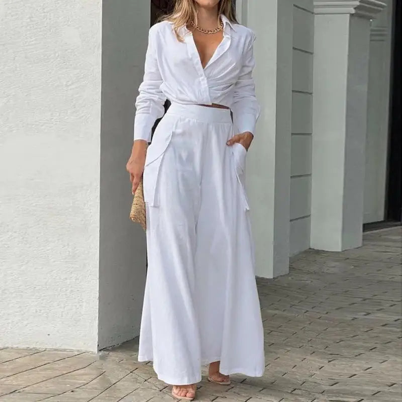 Chic Summer Ensemble: Knotted Blouse & High-Waisted Palazzo Trousers
